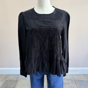Zara Woman Black Embroidered Peplum Blouse Floral Long Sleeve Top Size M